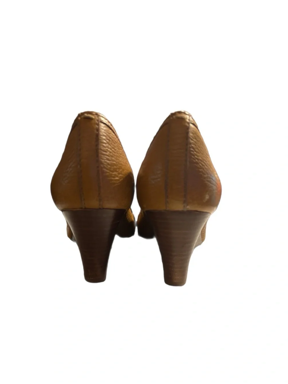 Tory Burch Ambrose Peep Toe Wedge Pumps Tan Pebbled Leather Gold Logo 7